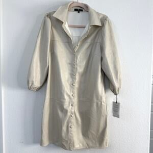 7 For All Mankind Faux Leather Shirt Dress Beige Button Front Vegan Size S